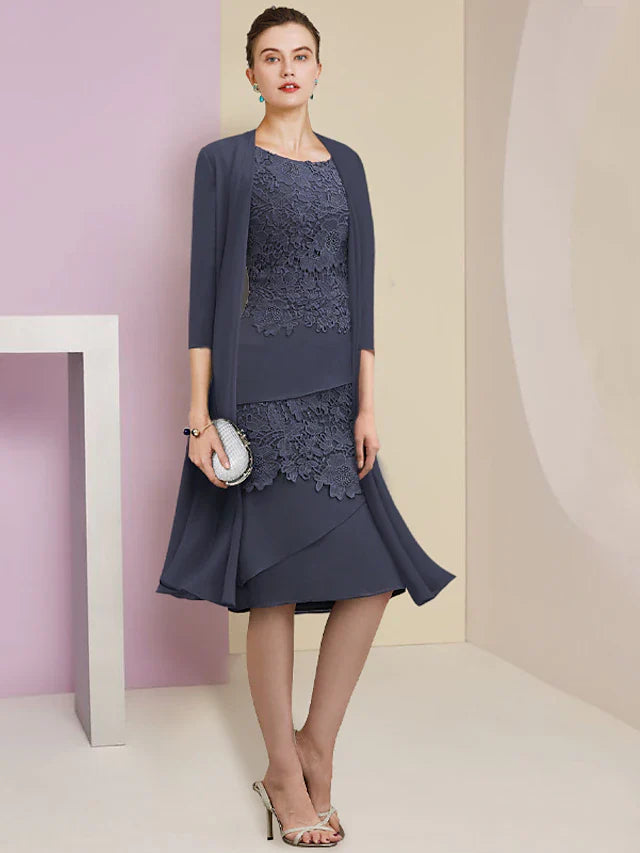 Wholesale Two Piece Sheath / Column Mother of the Bride Dress Formal Wedding Guest Vintage Elegant Scoop Neck Jewel Neck Knee Length Chiffon Lace Short Sleeve Jacket Dresses with Tier Appliques